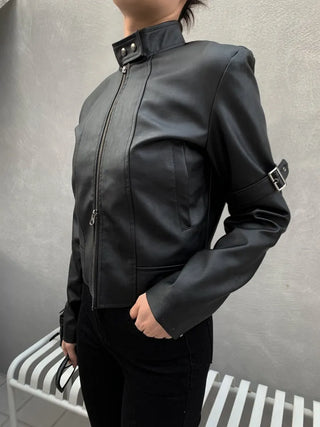 Belted Biker China Collar Two-Way Zipper Leather Jacket