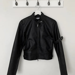 Belted Biker China Collar Two-Way Zipper Leather Jacket