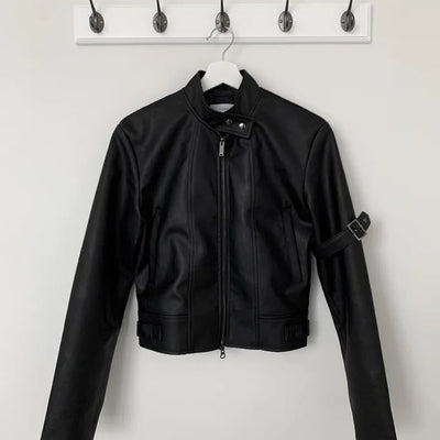 Belted Biker China Collar Two-Way Zipper Leather Jacket