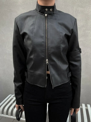 Belted Biker China Collar Two-Way Zipper Leather Jacket