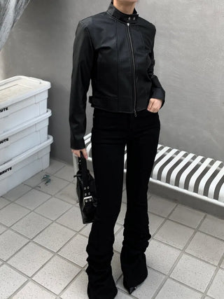 Belted Biker China Collar Two-Way Zipper Leather Jacket