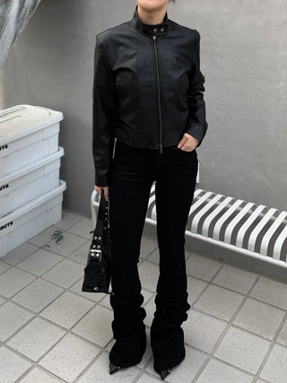 Belted Biker China Collar Two-Way Zipper Leather Jacket