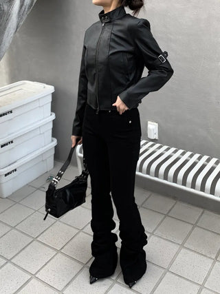 Belted Biker China Collar Two-Way Zipper Leather Jacket