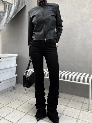 Belted Biker China Collar Two-Way Zipper Leather Jacket