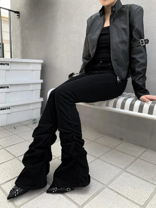 Belted Biker China Collar Two-Way Zipper Leather Jacket