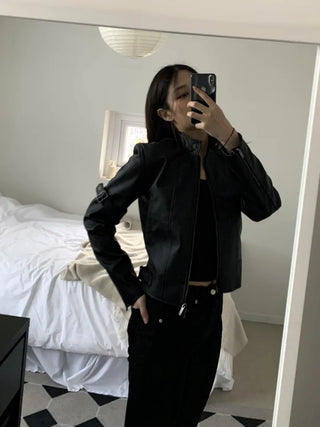 Belted Biker China Collar Two-Way Zipper Leather Jacket