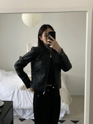 Belted Biker China Collar Two-Way Zipper Leather Jacket