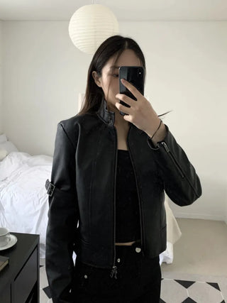 Belted Biker China Collar Two-Way Zipper Leather Jacket