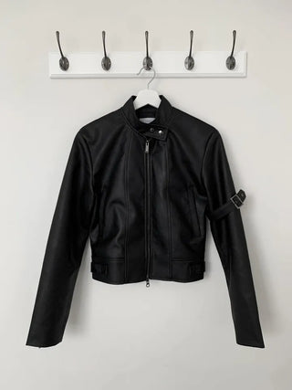 Belted Biker China Collar Two-Way Zipper Leather Jacket