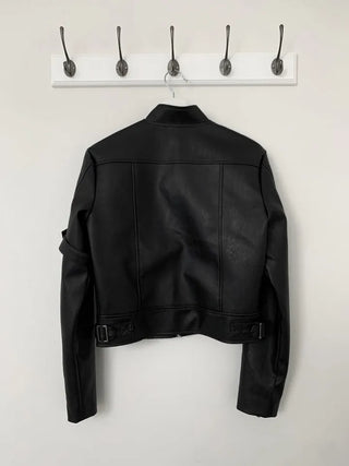 Belted Biker China Collar Two-Way Zipper Leather Jacket