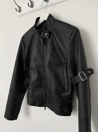 Belted Biker China Collar Two-Way Zipper Leather Jacket