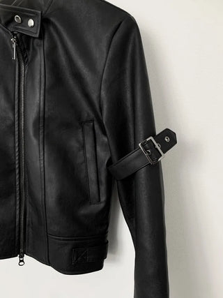 Belted Biker China Collar Two-Way Zipper Leather Jacket