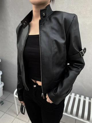 Belted Biker China Collar Two-Way Zipper Leather Jacket