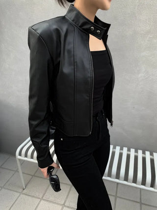 Belted Biker China Collar Two-Way Zipper Leather Jacket