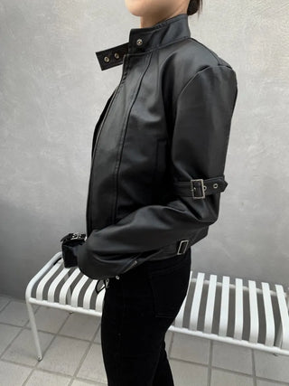 Belted Biker China Collar Two-Way Zipper Leather Jacket