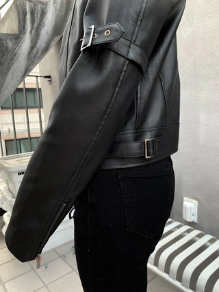 Belted Biker China Collar Two-Way Zipper Leather Jacket