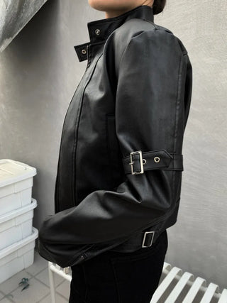 Belted Biker China Collar Two-Way Zipper Leather Jacket