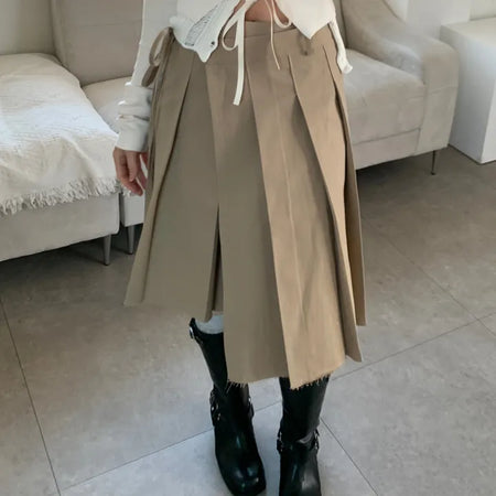 Pleated Ribbon Wrap Midi Skirt