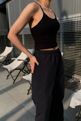 Backless ribbed sleeveless top with built-in cap