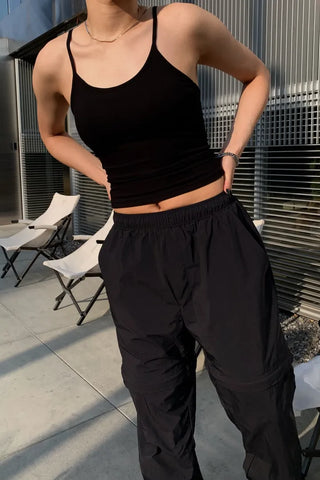 Backless ribbed sleeveless top with built-in cap