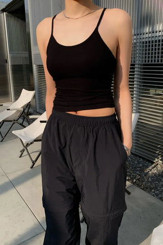 Backless ribbed sleeveless top with built-in cap