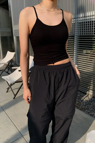 Backless ribbed sleeveless top with built-in cap
