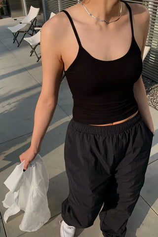 Backless ribbed sleeveless top with built-in cap