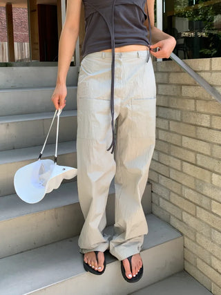 Nylon rustling loose fit wide rough pants