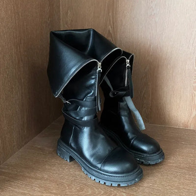 Biker Belt Two-Way Zipper Leather Boots