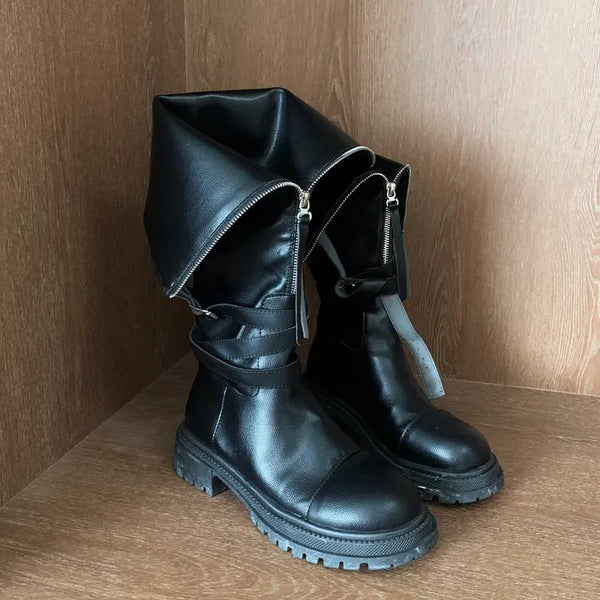 Biker Belt Two-Way Zipper Leather Boots