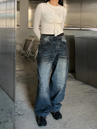 Mud Dirty Oil Cat Brush Wash Denim Pants