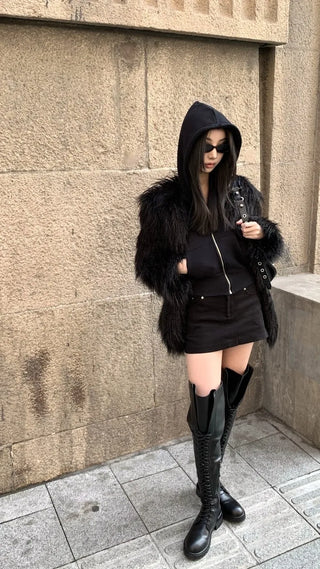 High-quality fabric change 2 colors* Long hair midi fur jacket
