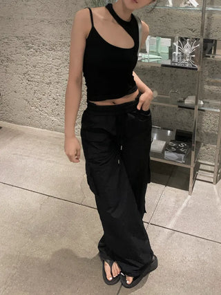 Pocket Cargo Nylon Wide String Banding Pants