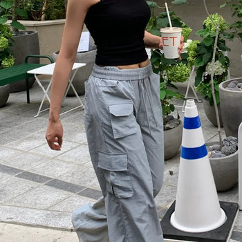 Pocket Cargo Nylon Wide String Banding Pants