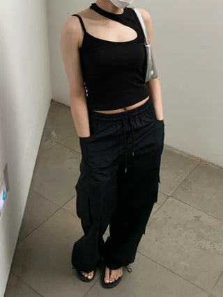Pocket Cargo Nylon Wide String Banding Pants