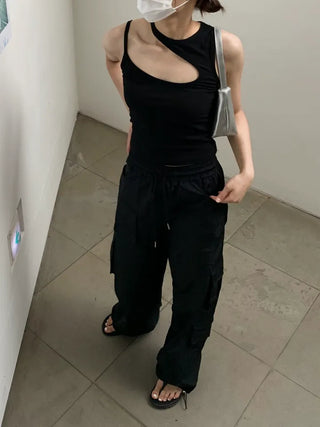 Pocket Cargo Nylon Wide String Banding Pants