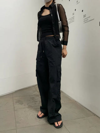 Pocket Cargo Nylon Wide String Banding Pants