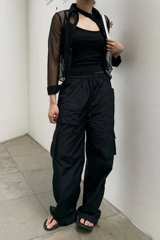 Pocket Cargo Nylon Wide String Banding Pants