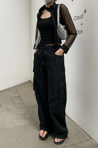 Pocket Cargo Nylon Wide String Banding Pants