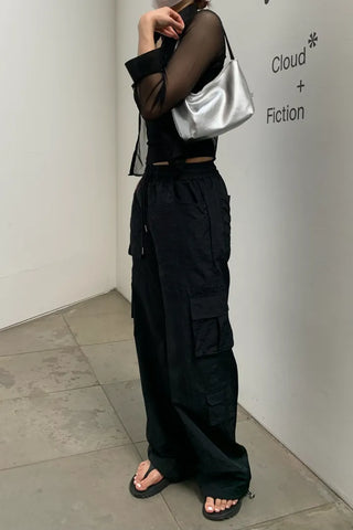 Pocket Cargo Nylon Wide String Banding Pants