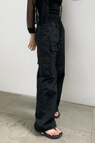 Pocket Cargo Nylon Wide String Banding Pants