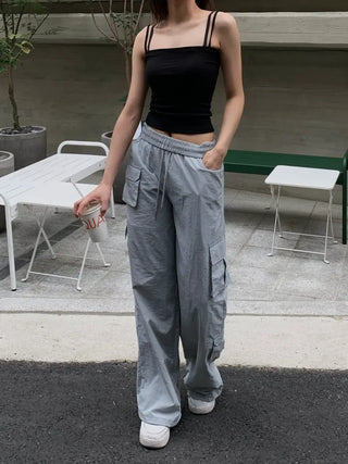 Pocket Cargo Nylon Wide String Banding Pants