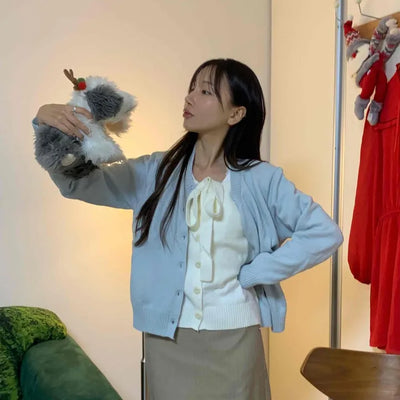 Puff Fur Cuff Ribbed Crop Cardigan