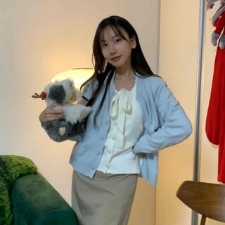 Puff Fur Cuff Ribbed Crop Cardigan