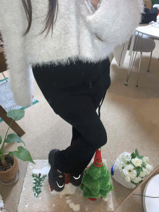 Elastic Waist Suede Slim Flare Velvet Pants