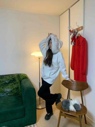 Fur-trimmed Basic Loose Fit Half Zip-up