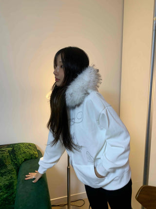 Fur-trimmed Basic Loose Fit Half Zip-up