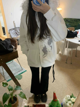 Fur-trimmed Basic Loose Fit Half Zip-up
