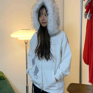 Fur-trimmed Basic Loose Fit Half Zip-up