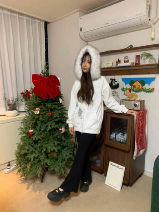 Fur-trimmed Basic Loose Fit Half Zip-up